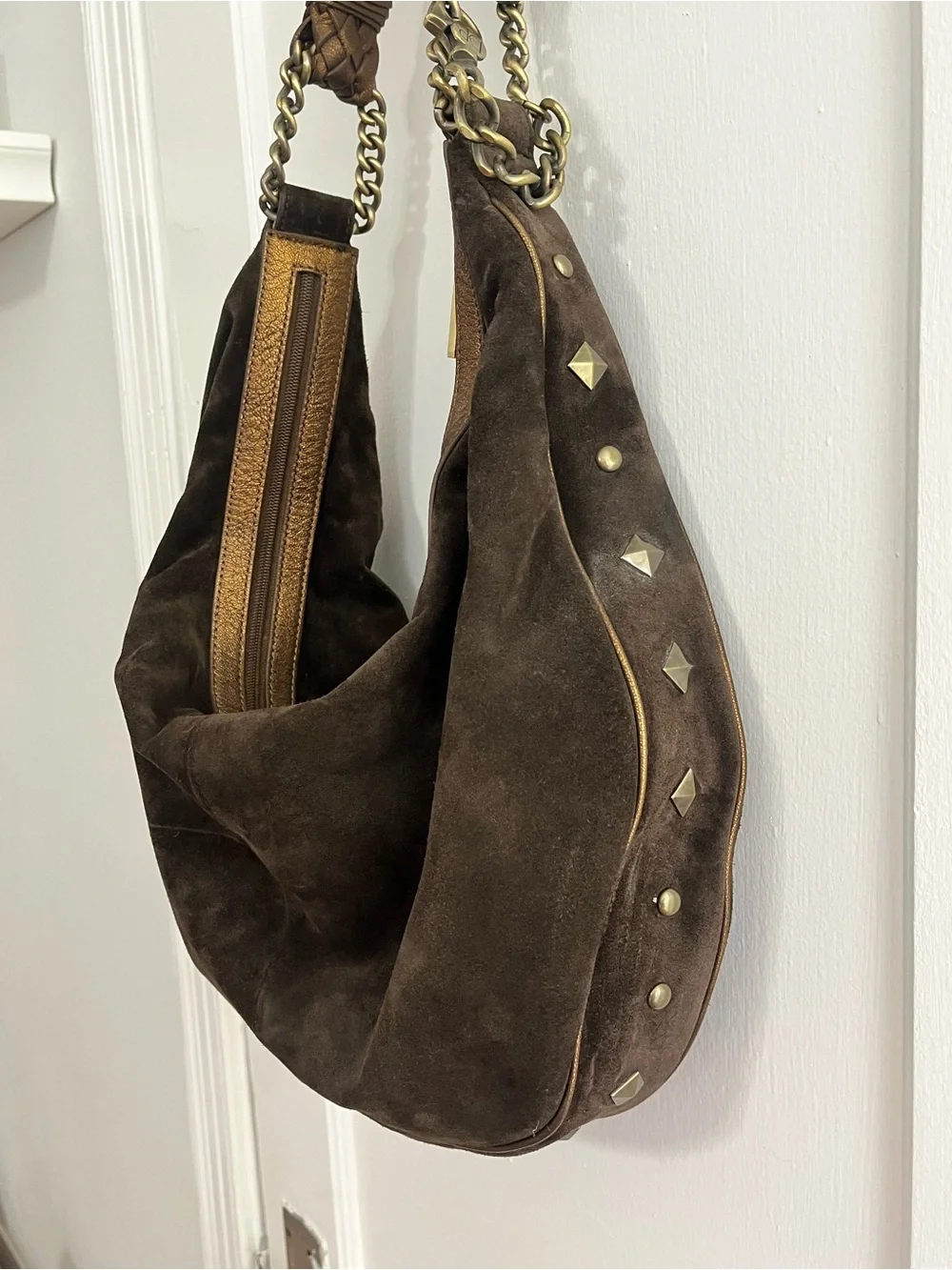 Vintage Donald J. Pliner Brown Suede Studded Hobo Bag Y2K